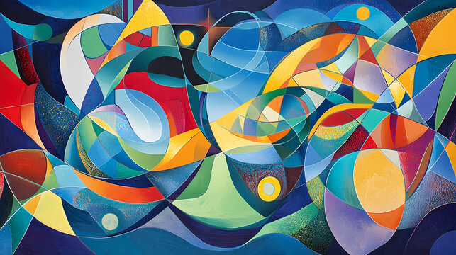 Vibrant abstract painting: bold curves and vibrant colors create a dynamic composition on a large canvas. Ecliptical. Illustration