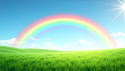 Obraz premium Vibrant rainbow arches over a serene, rolling green field under a bright, sunny sky. A picturesque landscape of nature's beauty.