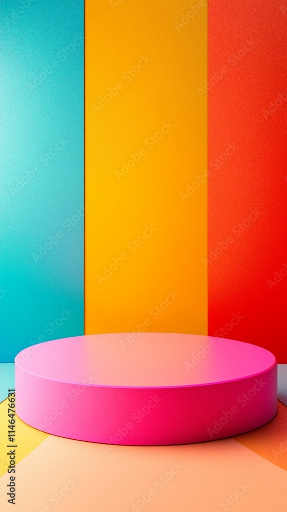 Poster vibrant colorful product display podium with pink circular platform against striped background in tu