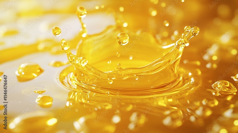 Poster golden liquid crown splash captured in high-speed macro photography with scattered droplets creating
