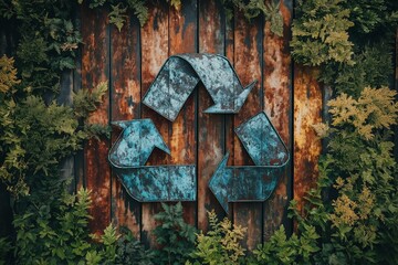 A vintage recycling symbol is prominently displayed against a rustic wooden background, surrounded by lush greenery. This image captures the essence of sustainable living for Earth Day.