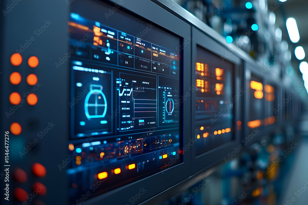 Poster control panels displaying data and metrics in a high-tech industrial environment.
