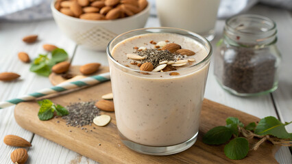 Almond milk smoothie, healthy nutrition with wholesome ingredients