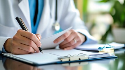 Medical professional in white coat writing prescription or medical notes on clipboard during consultation, closeup view of hands with stethoscope visible in background