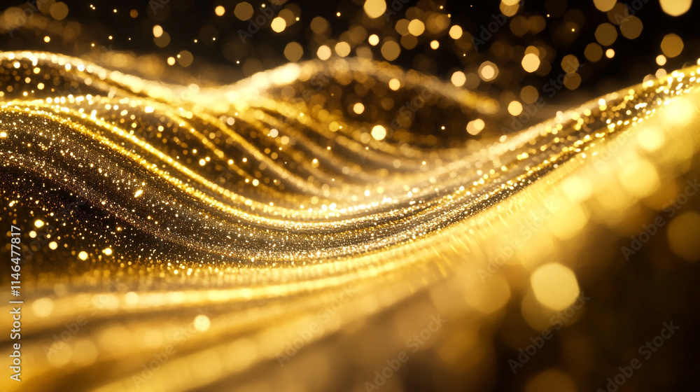 Poster golden waves of light sparkle in an abstract design with shimmering effects.