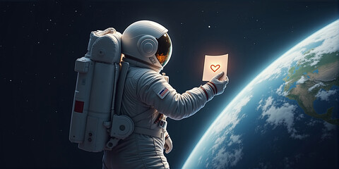 Suspended in cosmic silence, an astronaut cradles a love letter to Earth, her fragile beauty reflected in his eyes of hope and protection