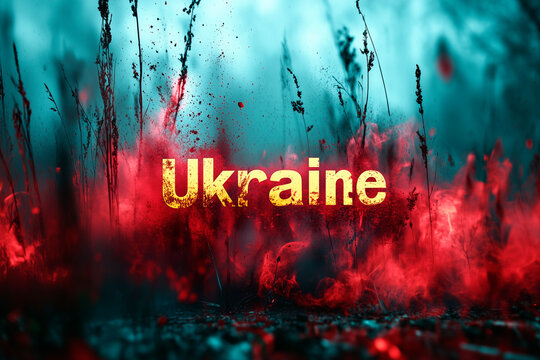 text: "Ukraine" blody red color melting with drops and splashes