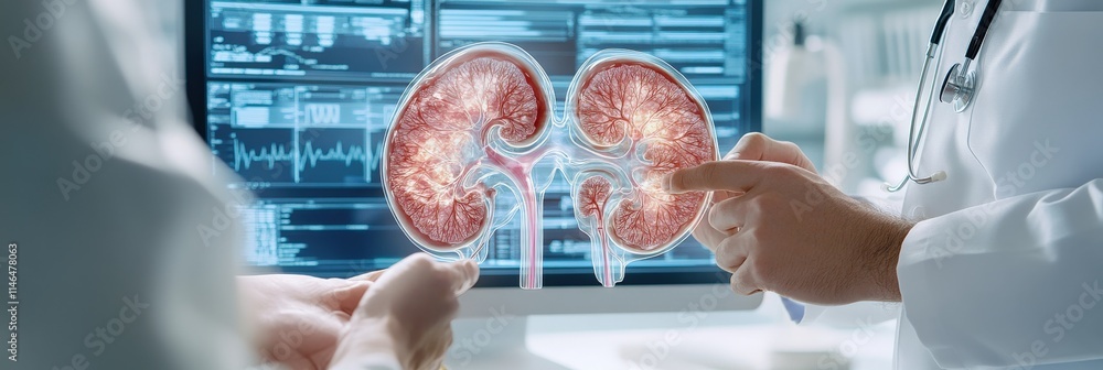 Poster a doctor is pointing at a computer monitor displaying a pair of kidneys