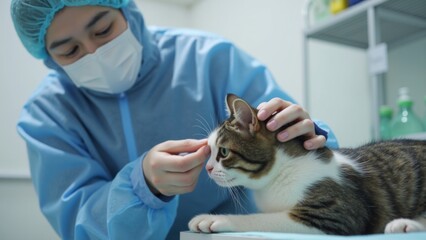 Veterinarian in Protective Attire Performing Health Inspection on a Cat, Highlighting Feline Care and Veterinary Dedication in a Pristine Environment