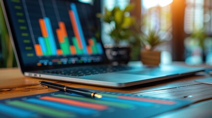 Laptop displaying financial graphs, pen, paperwork on wooden desk.