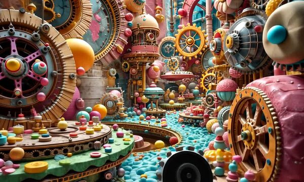Surreal candy clockwork a mesmerizing assembly line of candy machinery in perpetual motion