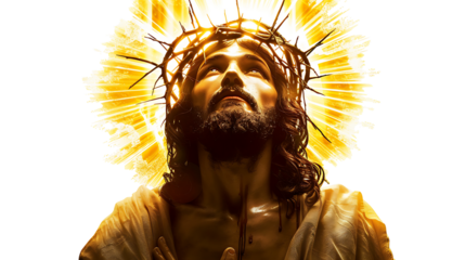 Jesus with a glowing halo and a crown of thorns, isolated on white, cut out