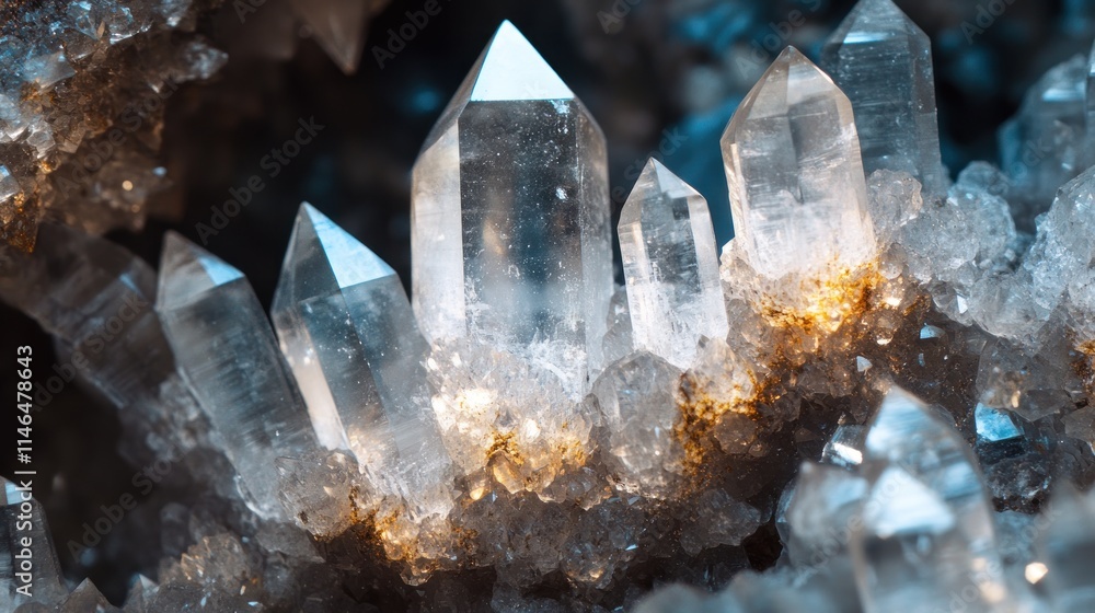 Poster close-up of sparkling quartz crystals with a shimmering background.