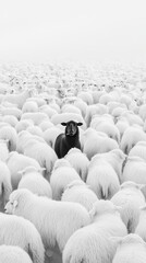Obraz premium One black sheep in a herd of white sheep