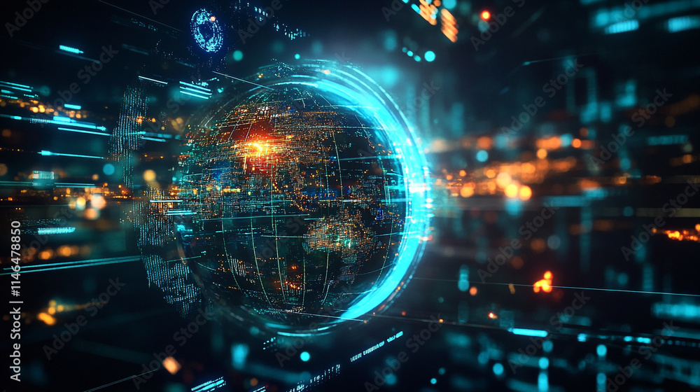 Poster digital representation of a glowing globe surrounded by data streams at night.