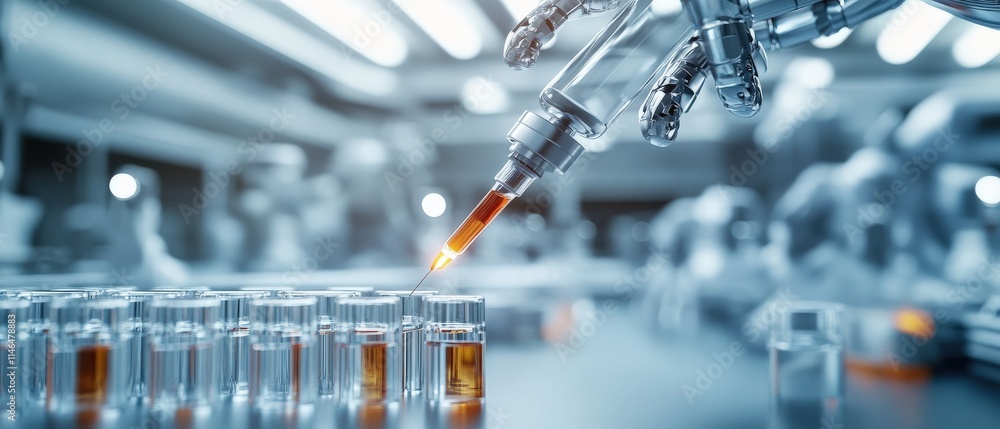 Poster a close-up of a robotic arm injecting medicine into a vial in a controlled laboratory environment