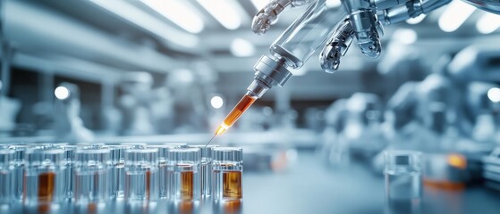 A close-up of a robotic arm injecting medicine into a vial in a controlled laboratory environment