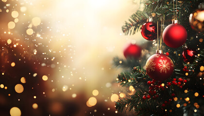 Red Ornaments Adorn Festive Christmas Tree Branches