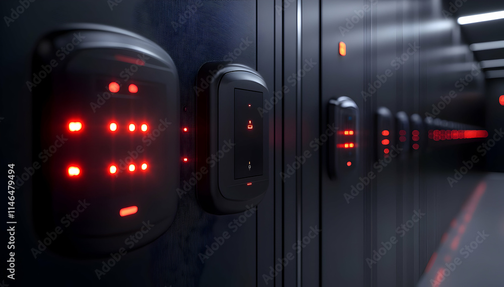 Poster a close-up view of security access panels with red lights in a modern facility.