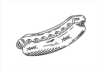 Hot dog doodle. Hot dog sketch line art. Hot dog sausage drawing vector illustration. Editable stroke