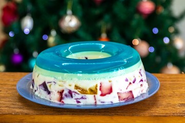 Special Christmas dessert, colored gelatin, marbled gelatin or rainbow gelatin