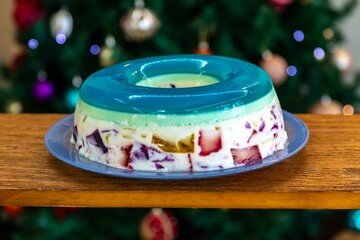 Special Christmas dessert, colored gelatin, marbled gelatin or rainbow gelatin