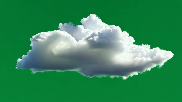 Cumulus hyper realistic cloud isolated on a green screen background. White fluffy soft clouds flowing, flying cut out on chroma alpha key backdrop. Weather forecast motion graphics element.