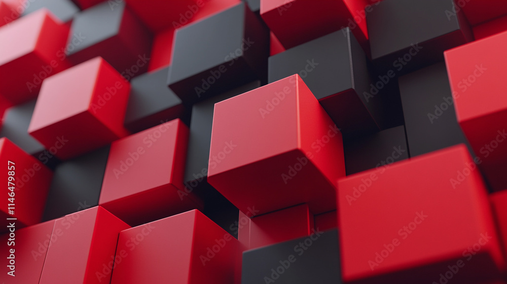 Poster abstract arrangement of red and black cubes creating a three-dimensional effect.