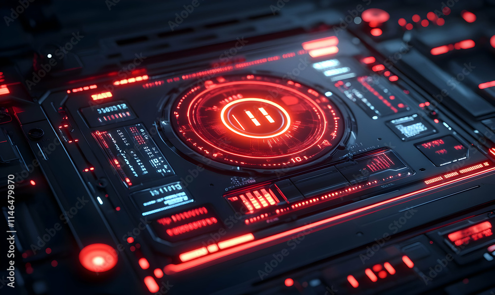 Poster futuristic control panel with glowing red elements and intricate circuitry.