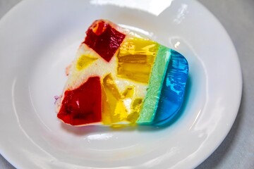 Special Christmas dessert, colored gelatin, marbled gelatin or rainbow gelatin