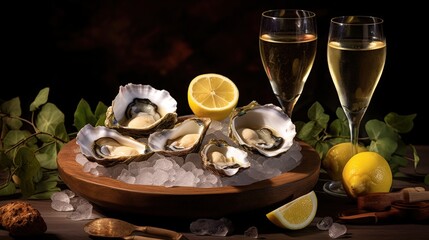 Fototapeta premium Fresh Oysters Served with Lemon on Ice Accompanied by Sparkling Wine in Elegant Setting Perfect for Gourmet Dining and Special Occasions