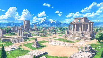 Obraz premium Ancient Ruins in a Serene Valley Landscape under a Sunny Sky