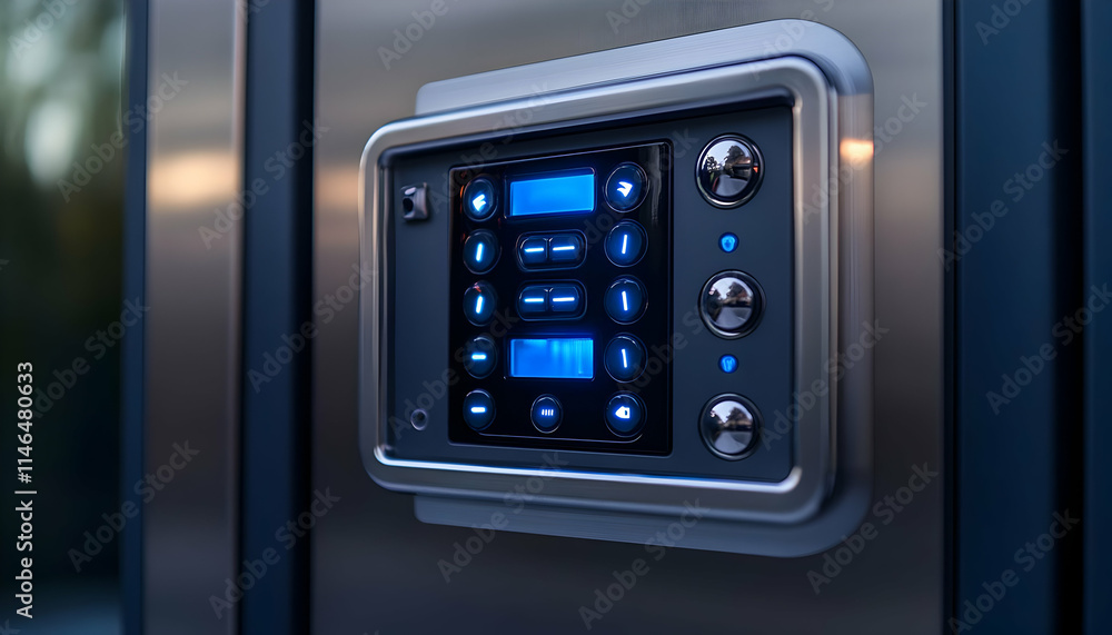 Poster a digital control panel with illuminated buttons for a modern appliance.