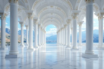 Majestic white colonnade hall with marble floor opens to scenic mountain lake view.