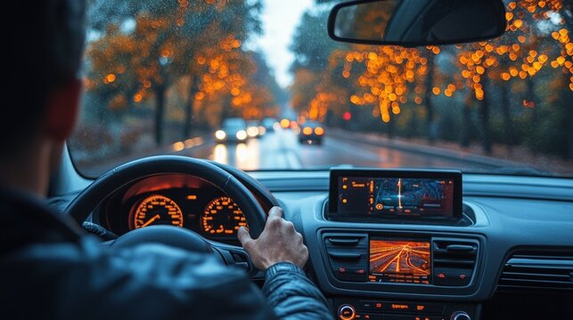 Man driving car on rainy autumn road.