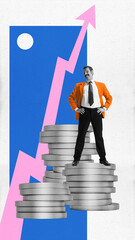 Fototapeta premium Contemporary art collage. Confident, successful young male businessman stand on huge stack of coins against background with raising up chart arrow. Business strategy, investment, development concept.