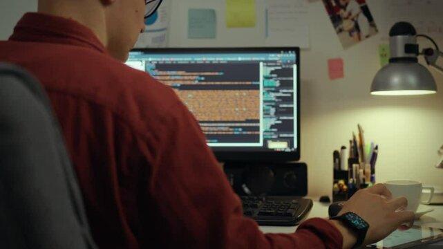 A person sits at a desk focused on coding within a dimly lit room. The computer screen displays lines of code. A cup is held in one hand, enhancing the late-night work ambiance