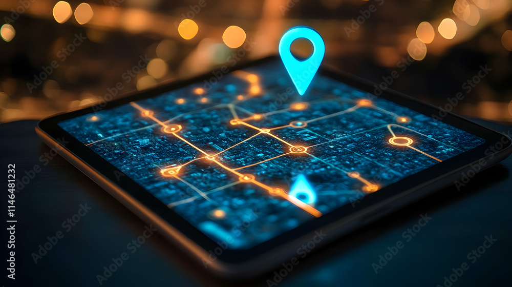 Poster a digital map interface with a location pin, showcasing urban connectivity and navigation.
