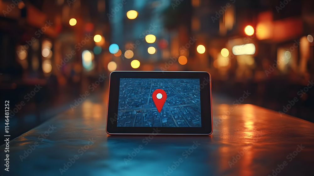 Poster a tablet displaying a map with a location pin in a softly lit urban setting.