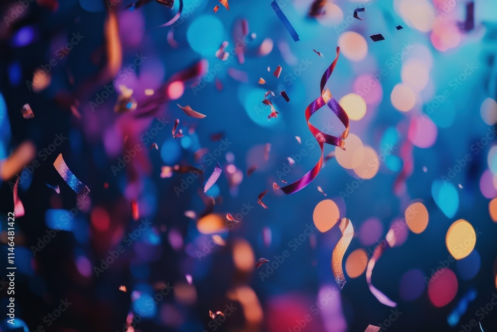 Poster colorful confetti falling in a vibrant atmosphere filled with sparkling lights and bokeh effect, cre