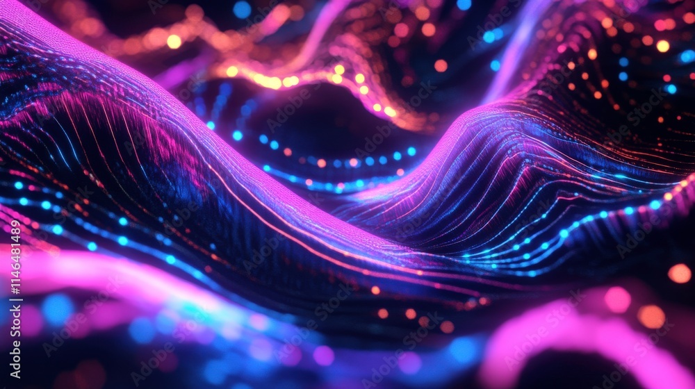 Aufkleber futuristic abstract flowing waves with vibrant neon colors and glowing particles creating a dynamic 