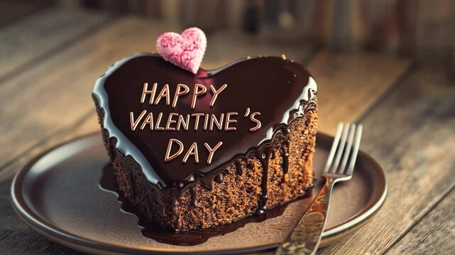 Heart-shaped chocolate cake decorated for Valentines Day celebration on rustic wooden table