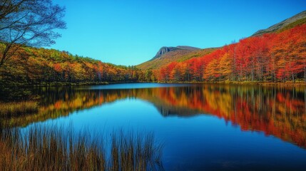 Autumnal lake reflecting vibrant fall foliage and mountain
