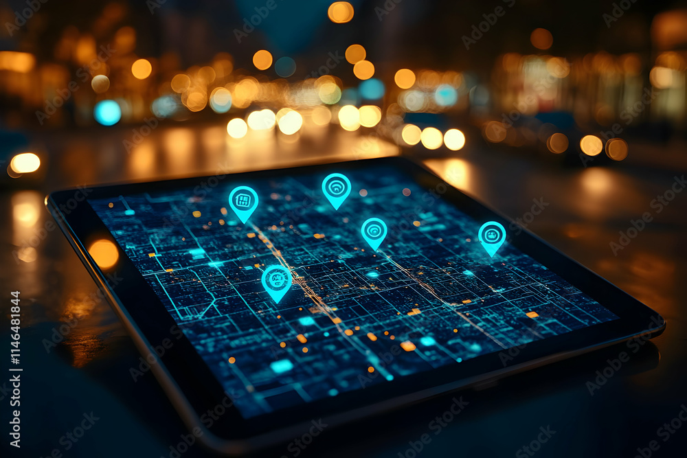 Poster a tablet displaying a digital map with location markers against a blurred city backdrop.