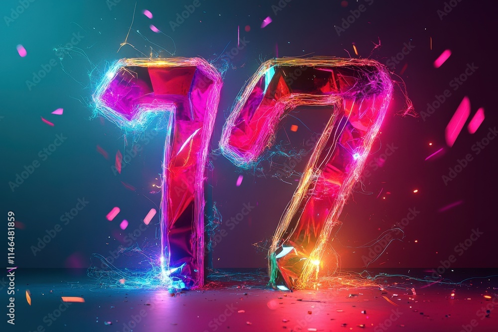 Poster vibrant and colorful 3d render of the number 17 with bright neon effects and dynamic sparkles agains