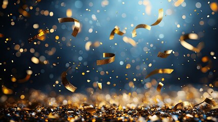 Abstract background with golden confetti and bokeh lights, creating a festive, celebratory atmosphere, perfect for holiday and party themes.