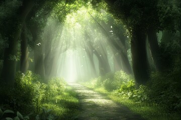 Obraz premium Sunbeams illuminate a mystical forest path.