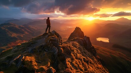 Man standing on mountain peak at sunset, overlooking valley and lake.