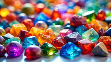 Colorful Crystalline Stones Tilt-Shift Photography, Miniature Gemstones, White Background, Macro Shot
