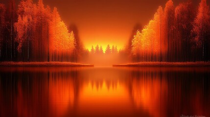 Autumnal Lake Reflection Serene Forest Sunset